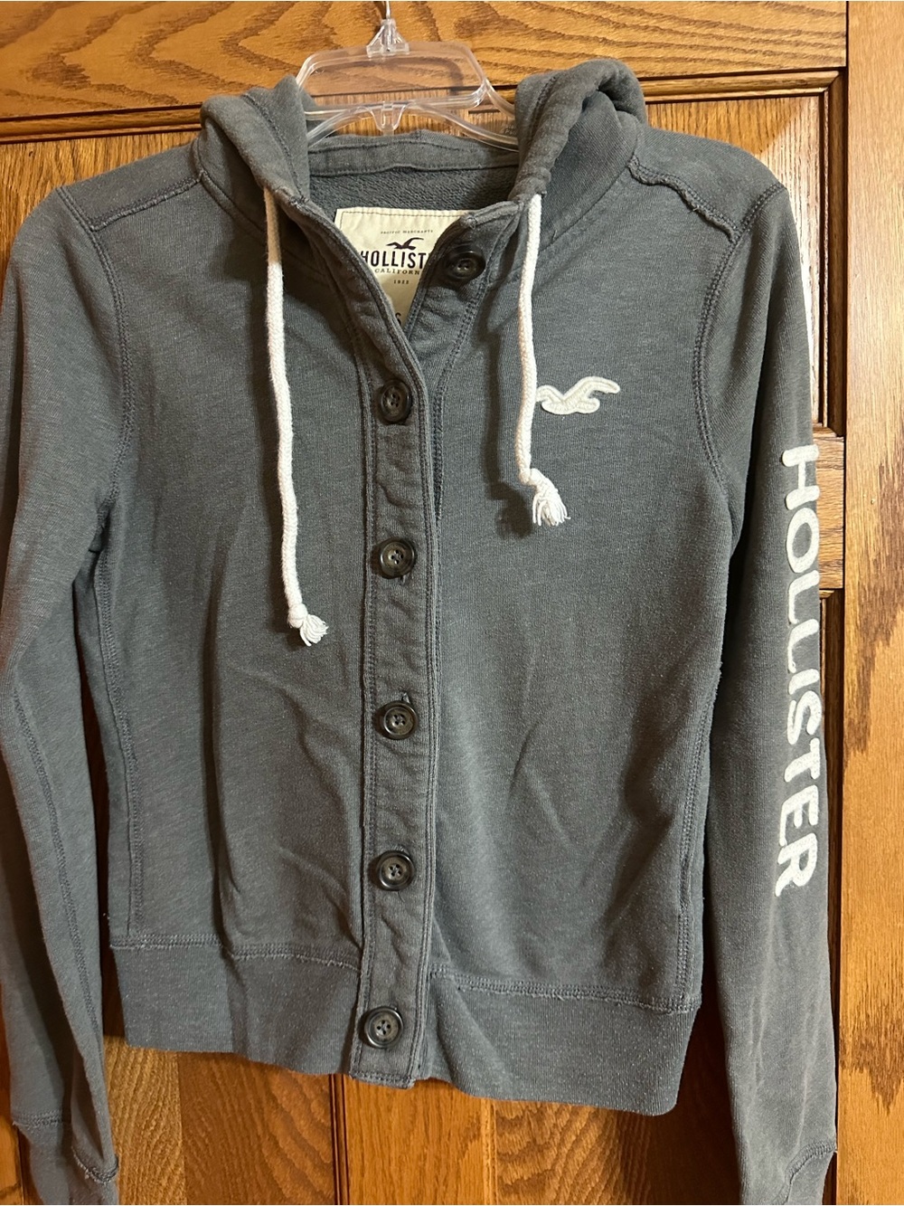 Hollister Dark Gray Hooded Button-Up Jacket with White Drawstrings